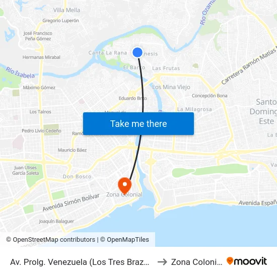 Av. Prolg. Venezuela (Los Tres Brazos) to Zona Colonial map