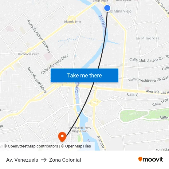 Av. Venezuela to Zona Colonial map