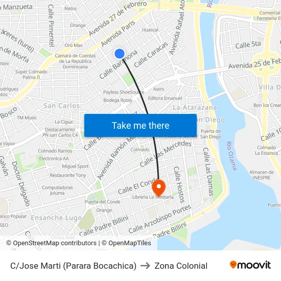 C/Jose Marti  (Parara Bocachica) to Zona Colonial map
