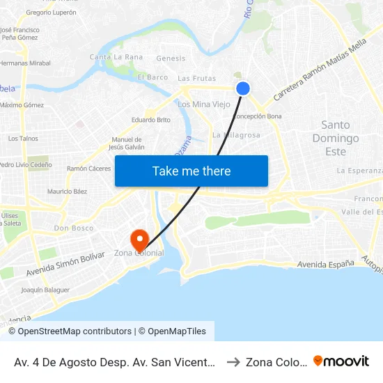 Av. 4 De Agosto Desp. Av. San Vicente De Paúl to Zona Colonial map