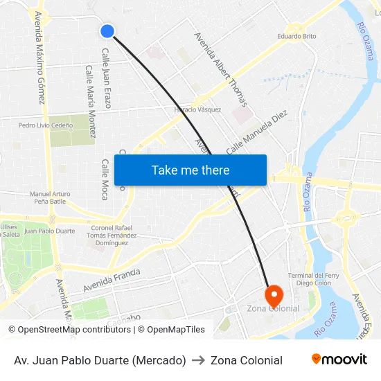 Av. Juan Pablo Duarte (Mercado) to Zona Colonial map