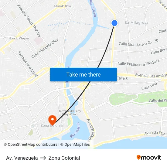 Av. Venezuela to Zona Colonial map