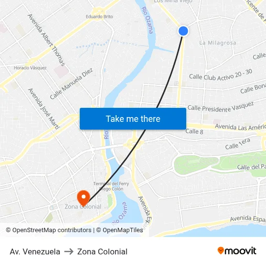 Av. Venezuela to Zona Colonial map