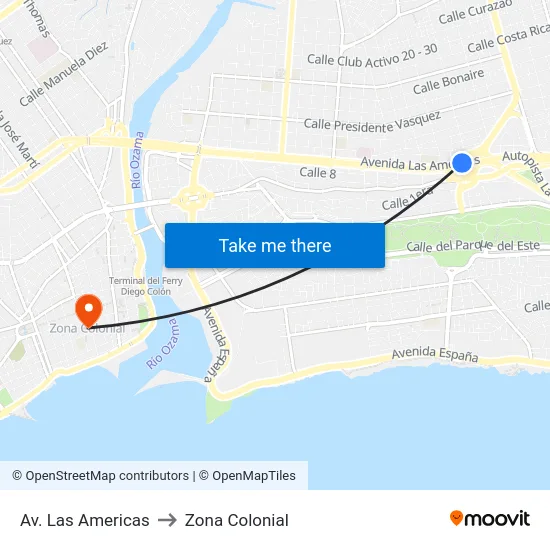 Av. Las Americas to Zona Colonial map
