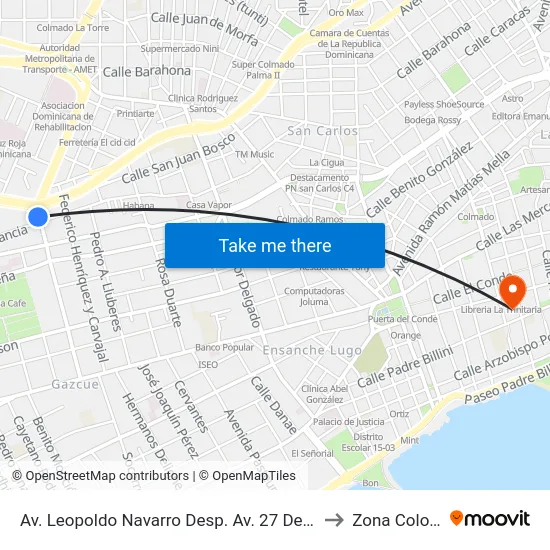 Av. Leopoldo Navarro Desp. Av. 27 De Febrero to Zona Colonial map