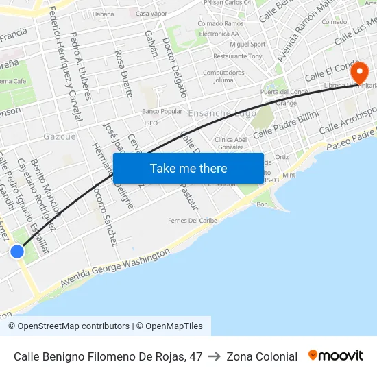 Calle Benigno Filomeno De Rojas, 47 to Zona Colonial map