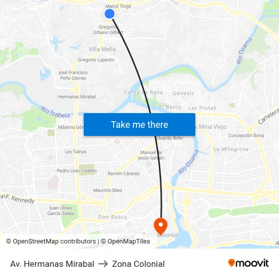 Av. Hermanas Mirabal to Zona Colonial map