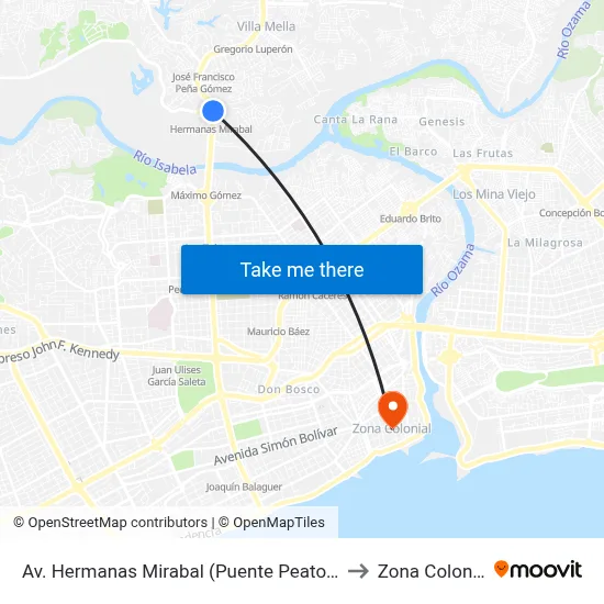 Av. Hermanas Mirabal (Puente Peatonal) to Zona Colonial map