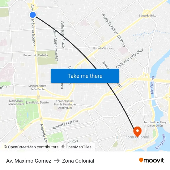 Av. Maximo Gomez to Zona Colonial map
