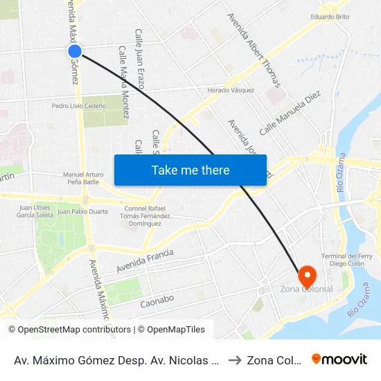 Av. Máximo Gómez Desp. Av. Nicolas De Ovando to Zona Colonial map