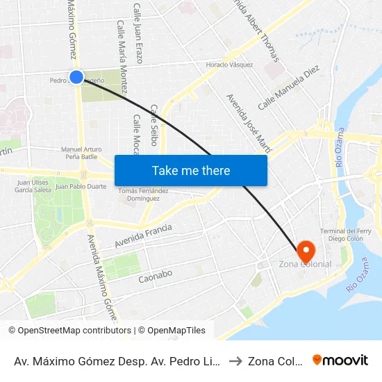 Av. Máximo Gómez Desp. Av. Pedro Livio Cedeño to Zona Colonial map