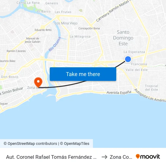 Aut. Coronel Rafael Tomás Fernández Domínguez, 100 to Zona Colonial map