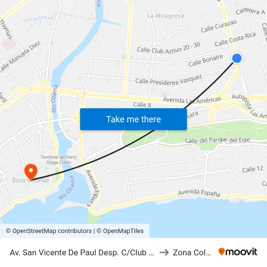 Av. San Vicente De Paul Desp. C/Club De Leones to Zona Colonial map