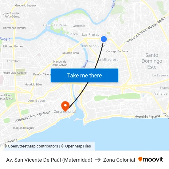 Av. San Vicente De Paúl (Maternidad) to Zona Colonial map