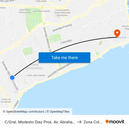 C/Gral. Modesto Diaz Prox. Av. Abraham Lincoln to Zona Colonial map