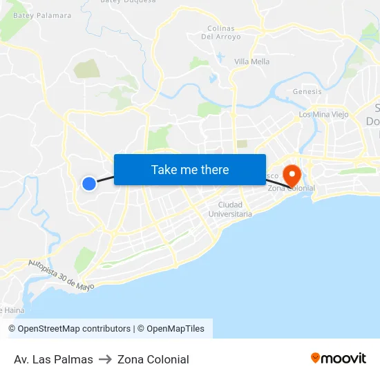 Av. Las Palmas to Zona Colonial map