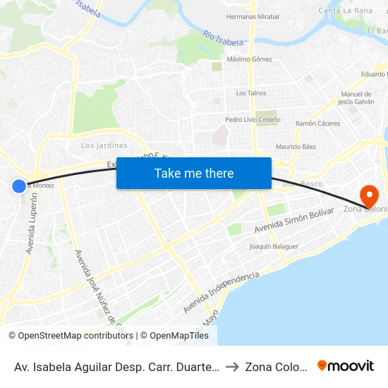 Av. Isabela Aguilar Desp. Carr. Duarte Vieja to Zona Colonial map