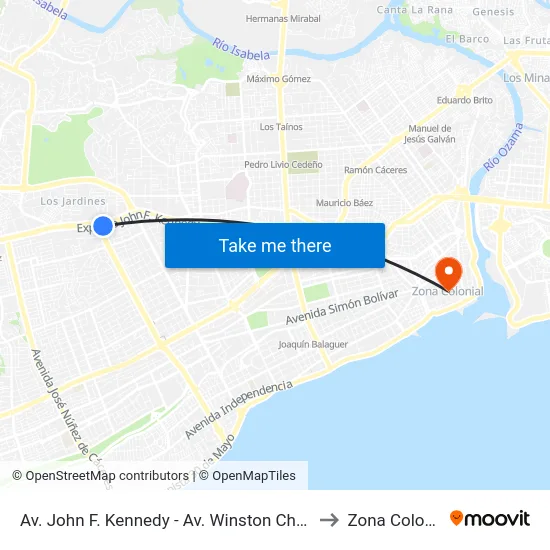 Av. John F. Kennedy - Av. Winston Churchill to Zona Colonial map