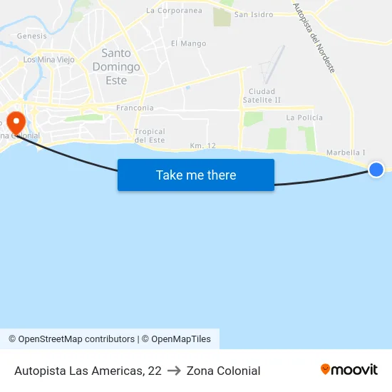 Autopista Las Americas, 22 to Zona Colonial map