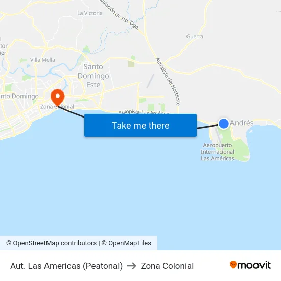 Aut. Las Americas (Peatonal) to Zona Colonial map