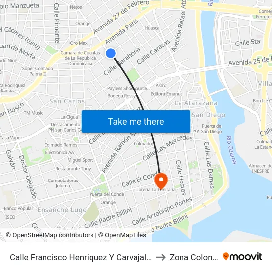 Calle Francisco Henriquez Y Carvajal, 75 to Zona Colonial map