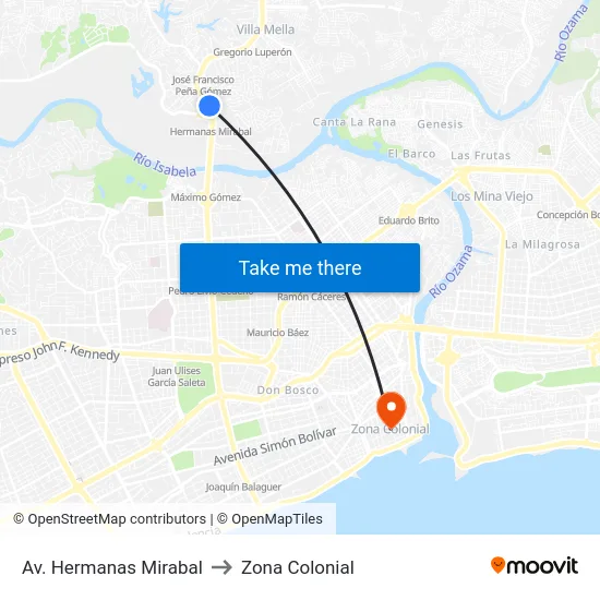 Av. Hermanas Mirabal to Zona Colonial map