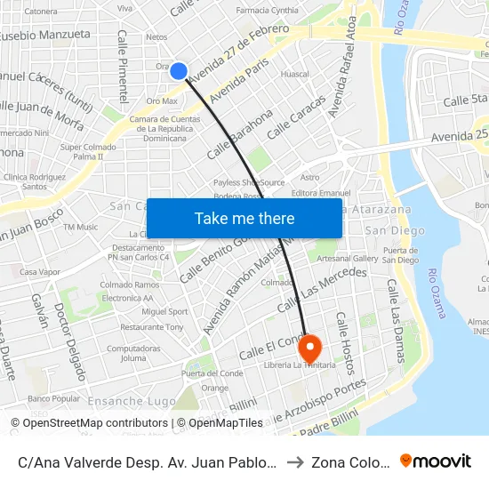 C/Ana Valverde Desp. Av. Juan Pablo Duarte to Zona Colonial map