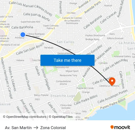 Av. San Martín to Zona Colonial map