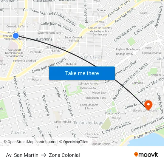 Av. San Martin to Zona Colonial map
