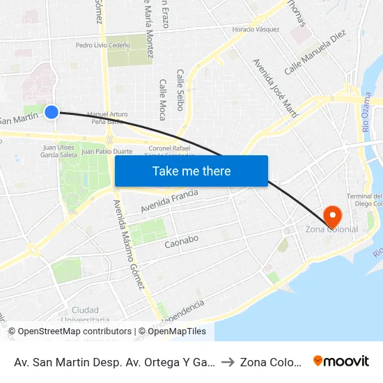 Av. San Martin Desp. Av. Ortega Y Gasset to Zona Colonial map
