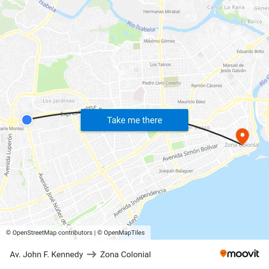 Av. John F. Kennedy to Zona Colonial map