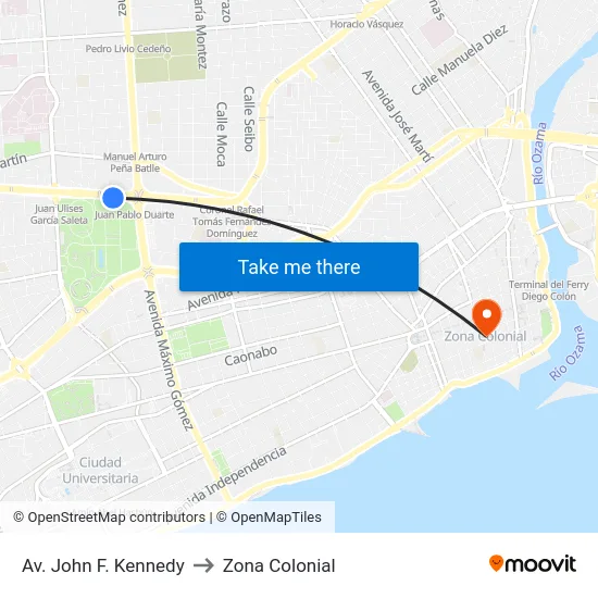 Av. John F. Kennedy to Zona Colonial map