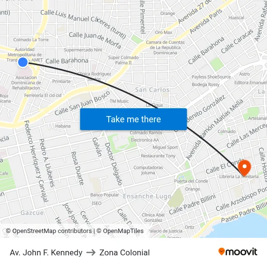 Av. John F. Kennedy to Zona Colonial map