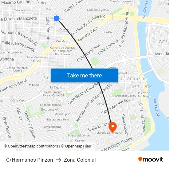 C/Hermanos Pinzon to Zona Colonial map