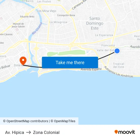 Av. Hipica to Zona Colonial map
