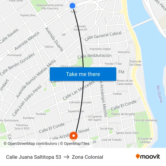 Calle Juana Saltitopa 53 to Zona Colonial map