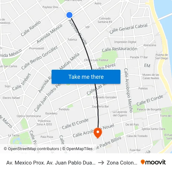 Av. Mexico Prox. Av. Juan Pablo Duarte to Zona Colonial map