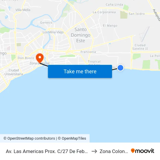 Av. Las Americas Prox. C/27 De Febrero to Zona Colonial map