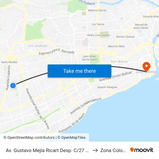 Av. Gustavo Mejía Ricart Desp. C/27 Oeste to Zona Colonial map