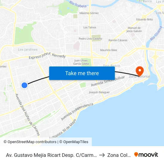 Av. Gustavo Mejía Ricart Desp. C/Carmen Mendoza to Zona Colonial map