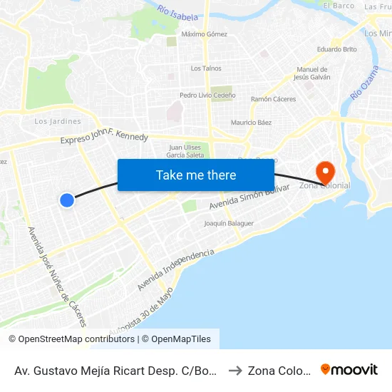 Av. Gustavo Mejía Ricart Desp. C/Bohechio to Zona Colonial map