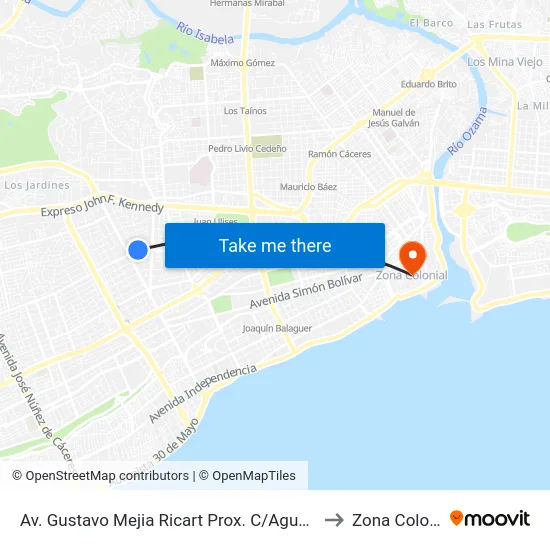 Av. Gustavo Mejia Ricart Prox. C/Agustin Lara to Zona Colonial map