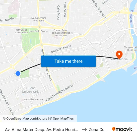 Av. Alma Mater Desp. Av. Pedro Henriquez Ureña to Zona Colonial map