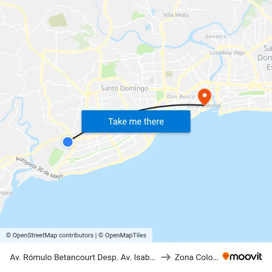 Av. Rómulo Betancourt Desp. Av. Isabel Aguiar to Zona Colonial map