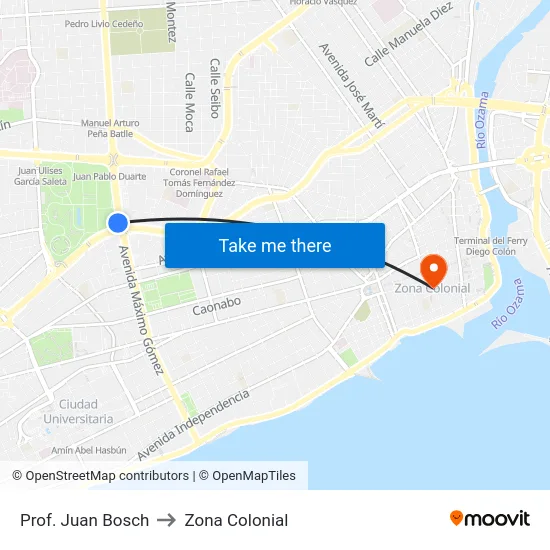 Prof. Juan Bosch to Zona Colonial map