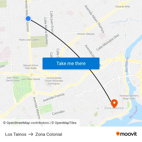 Los Tainos to Zona Colonial map