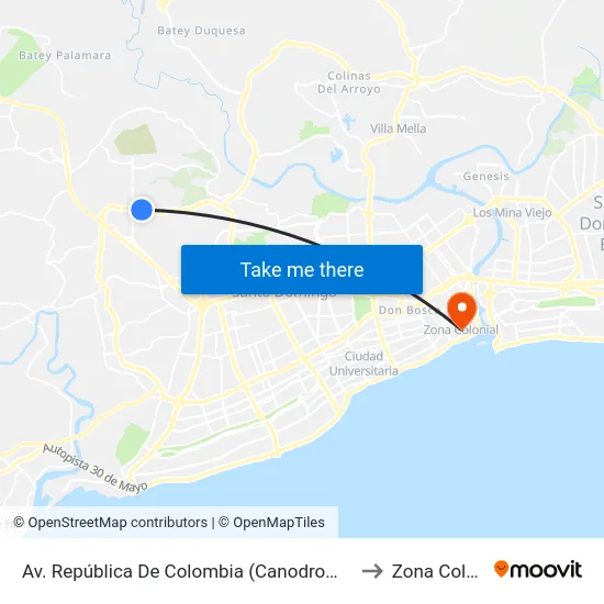 Av. República De Colombia (Canodromo El Coco) to Zona Colonial map