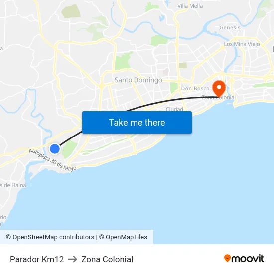 Parador Km12 to Zona Colonial map