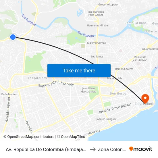 Av. República De Colombia (Embajada) to Zona Colonial map