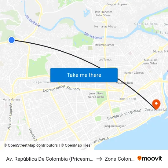 Av. República De Colombia (Pricesmart) to Zona Colonial map